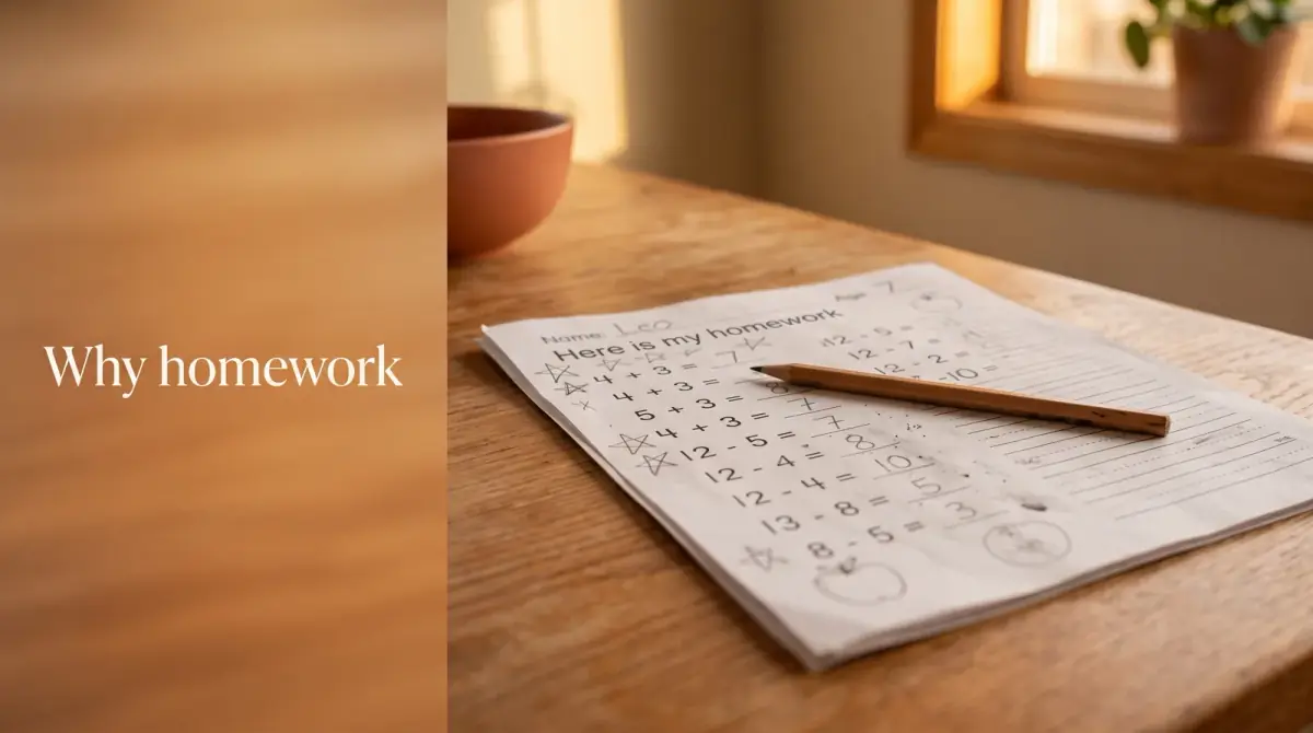 a child's homework page with a pencil resting on a kitchen table