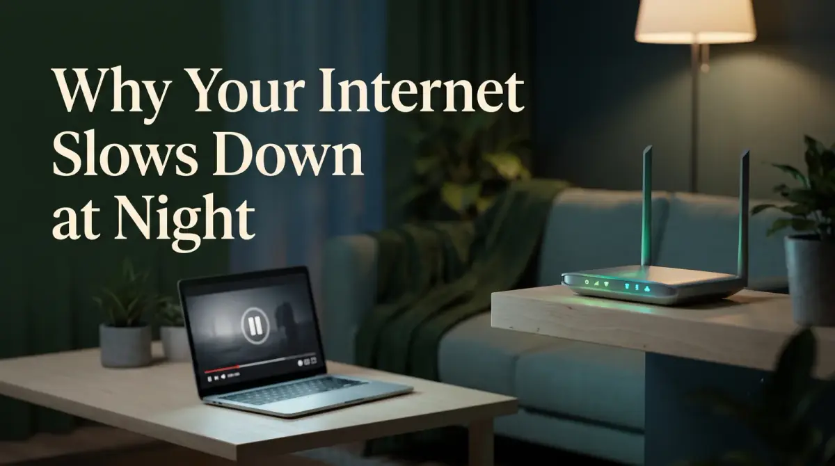 a softly lit living room at night with a laptop streaming and a router glowing on a shelf