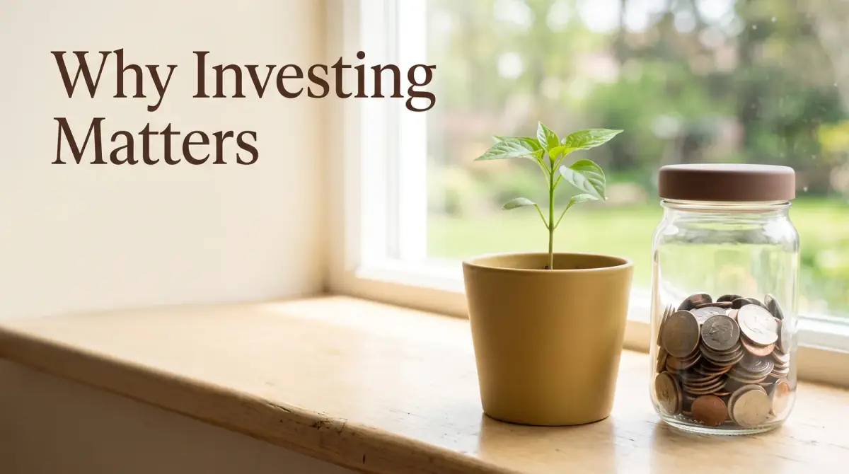 a small green seedling in a plain pot beside a jar of coins on a sunny windowsill