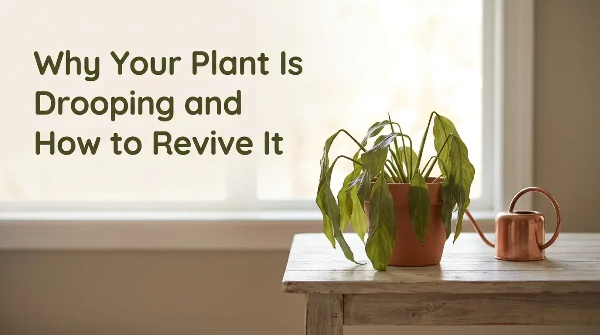 a wilting potted plant with soft, drooping leaves on a wooden table, a small watering can beside it