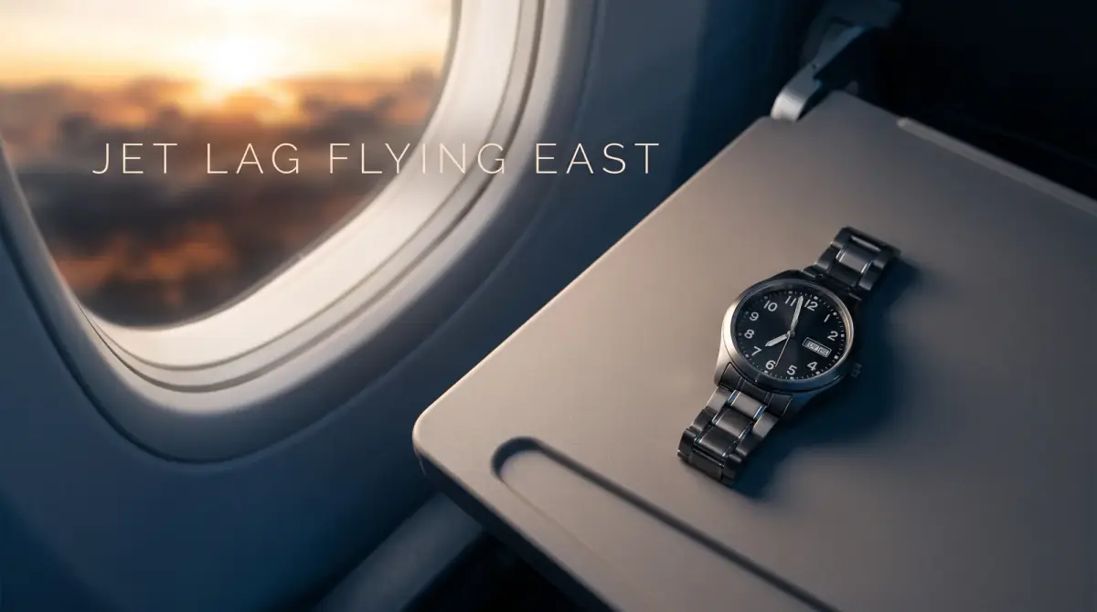 an airplane window glowing with sunrise and a wristwatch on the tray table
