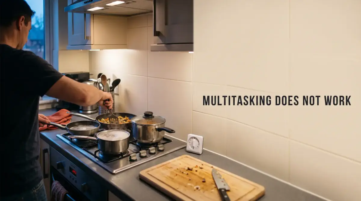 a man cooking several pots on a kitchen stove