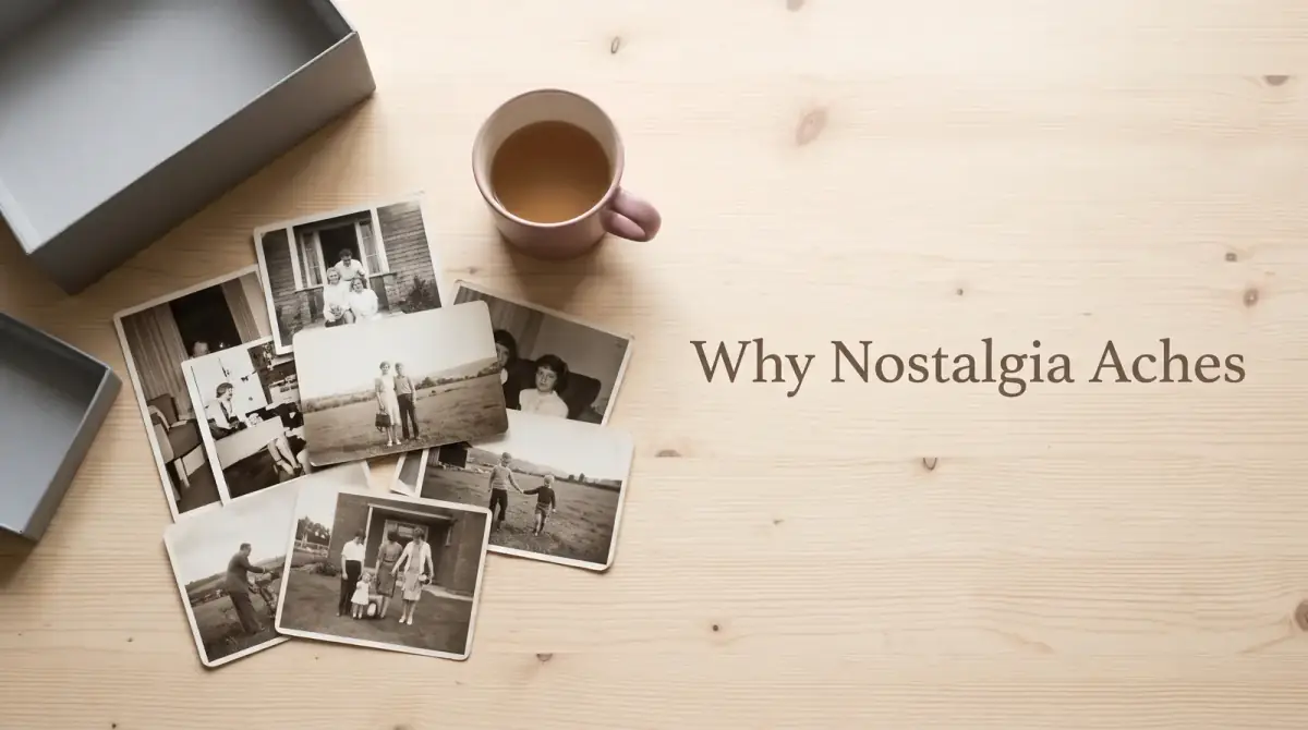 old photographs scattered on wood beside a mug