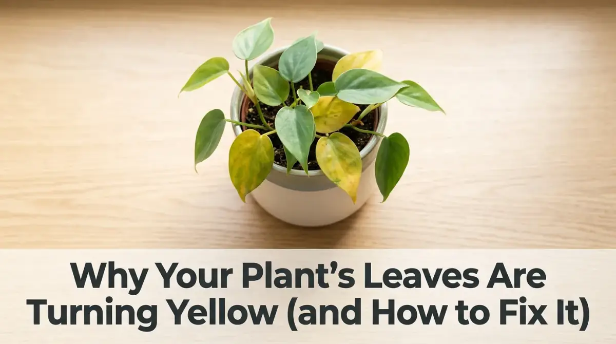 a single potted houseplant with a few yellowing leaves among the healthy green ones, on a bright windowsill