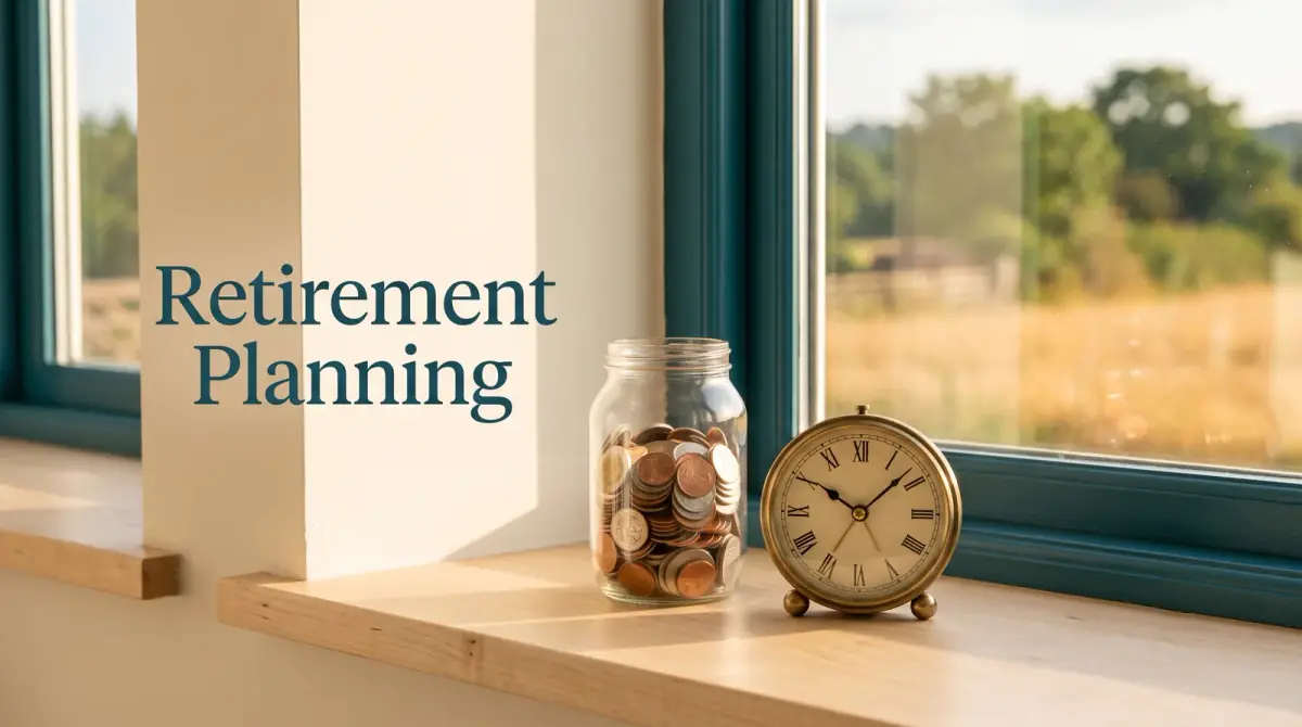 a glass jar of coins beside a small analogue clock on a bright windowsill