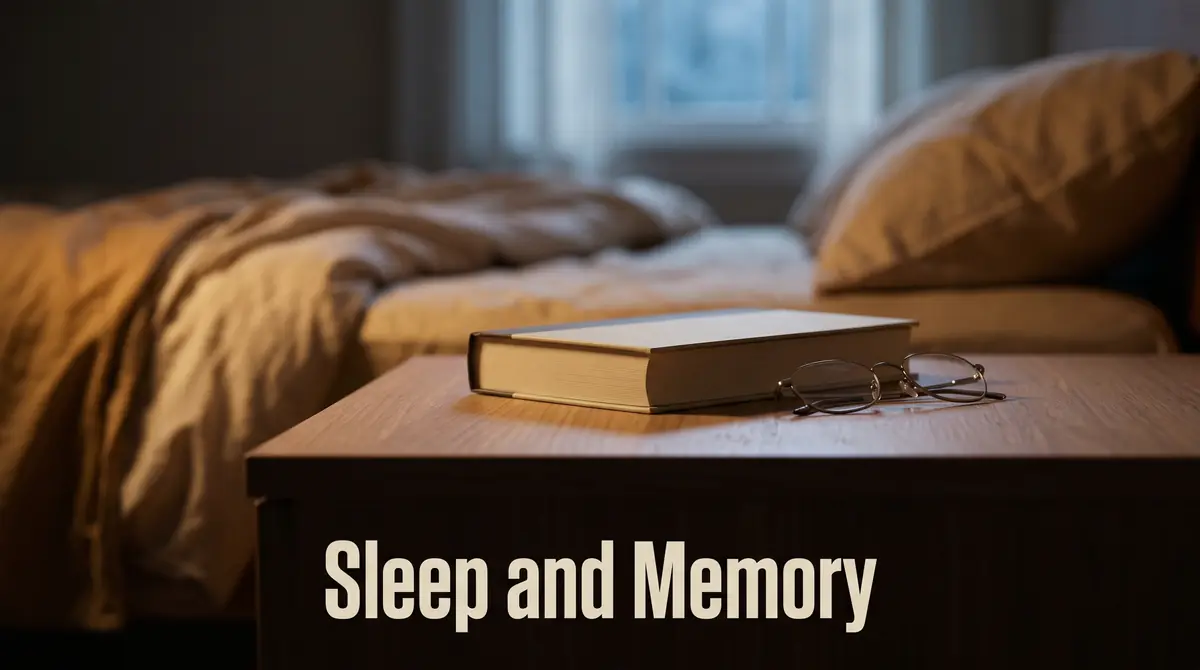 a tidy nightstand with a closed book and reading glasses beside a bed in dim light