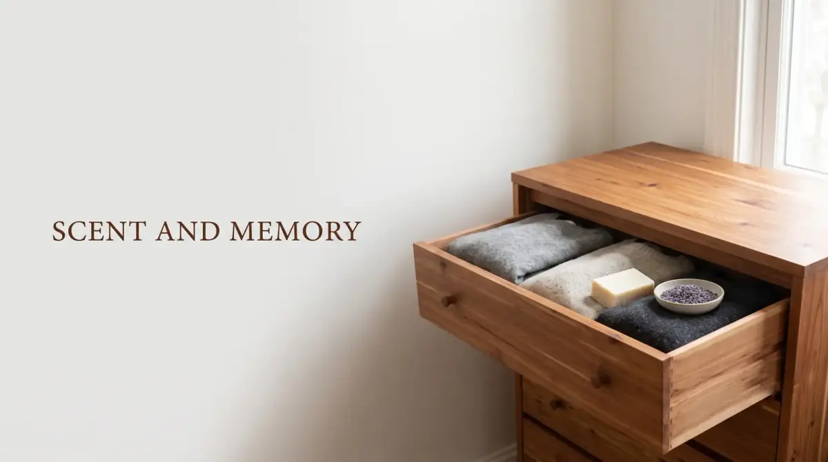 an open wooden drawer with linens, soap and lavender