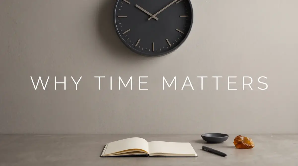 a wall clock above a calm, orderly workspace