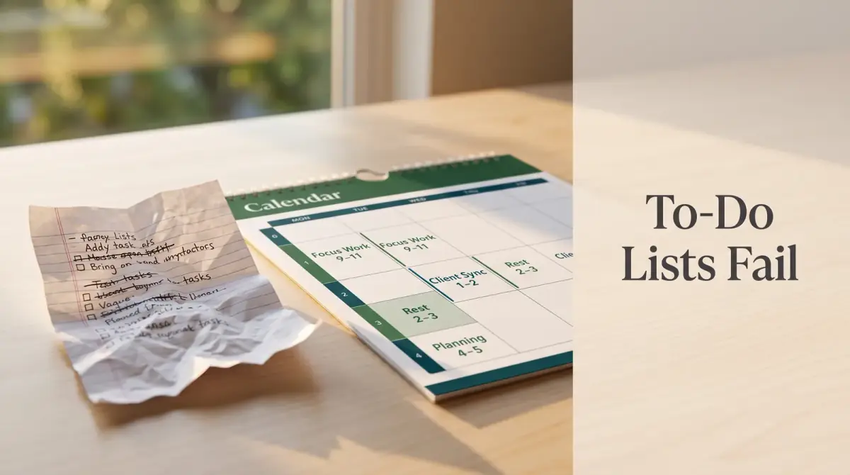 a crumpled to-do list beside a fresh calendar marked with time blocks