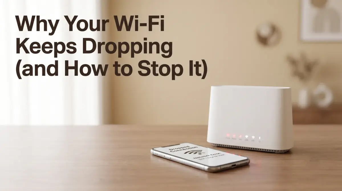a wifi router on a table with its status lights blinking, a phone beside it showing a dropped connection