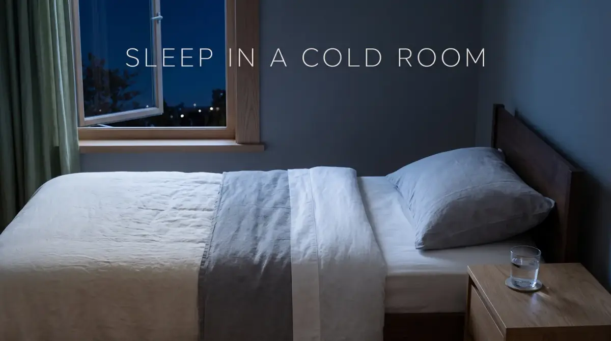 a neatly made bed beside a slightly open window at night, a light blanket folded back and a glass of water on the nightstand
