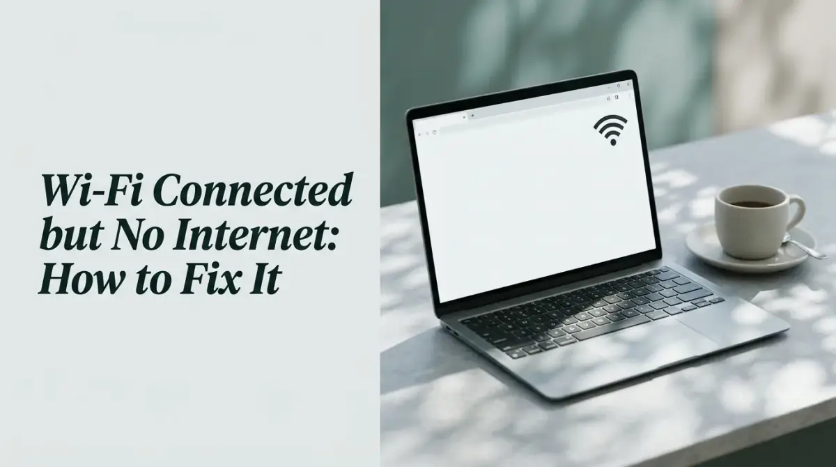 a laptop on a desk with a full wifi icon but a blank browser page, a coffee beside it